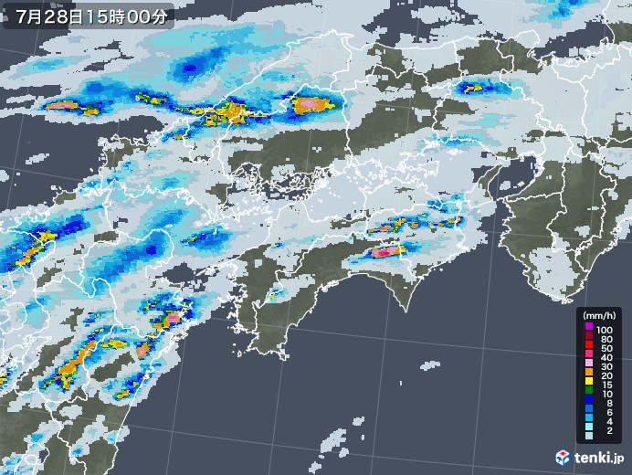 四国地方の雨雲レーダー(2020年07月28日)