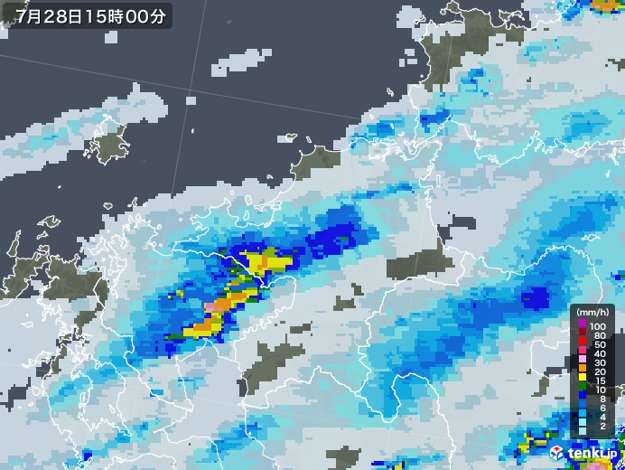 福岡県の雨雲レーダー(2020年07月28日)