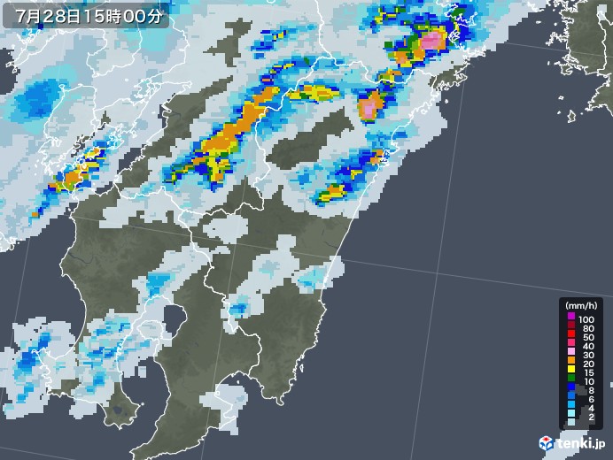 宮崎県の雨雲レーダー(2020年07月28日)