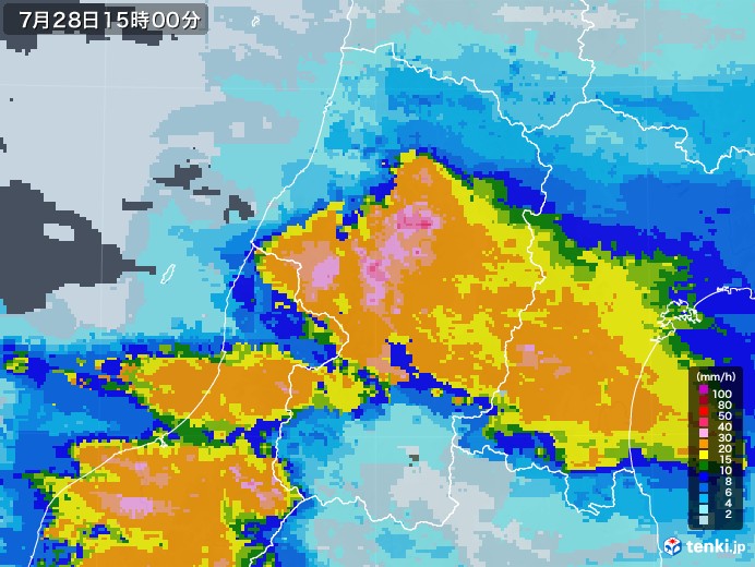 山形県の雨雲レーダー(2020年07月28日)