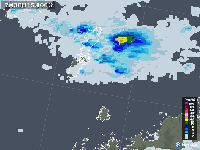 壱岐・対馬(長崎県)の雨雲レーダー(2020年07月30日)