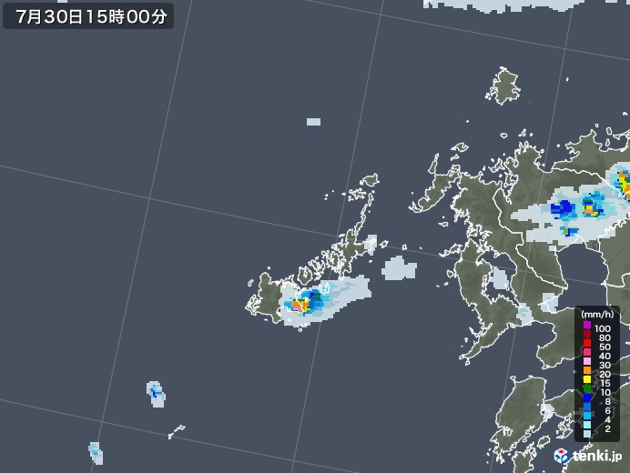 五島列島(長崎県)の雨雲レーダー(2020年07月30日)