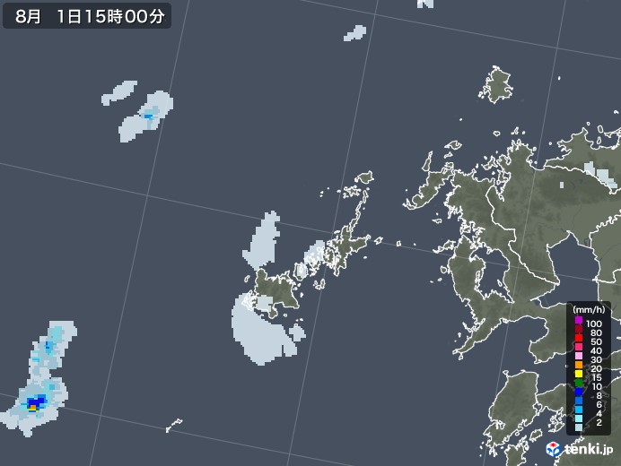 五島列島(長崎県)の雨雲レーダー(2020年08月01日)