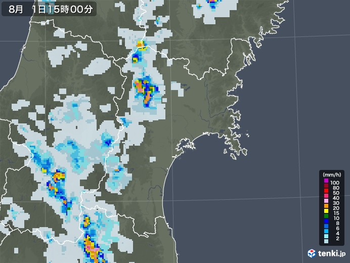 宮城県の雨雲レーダー(2020年08月01日)