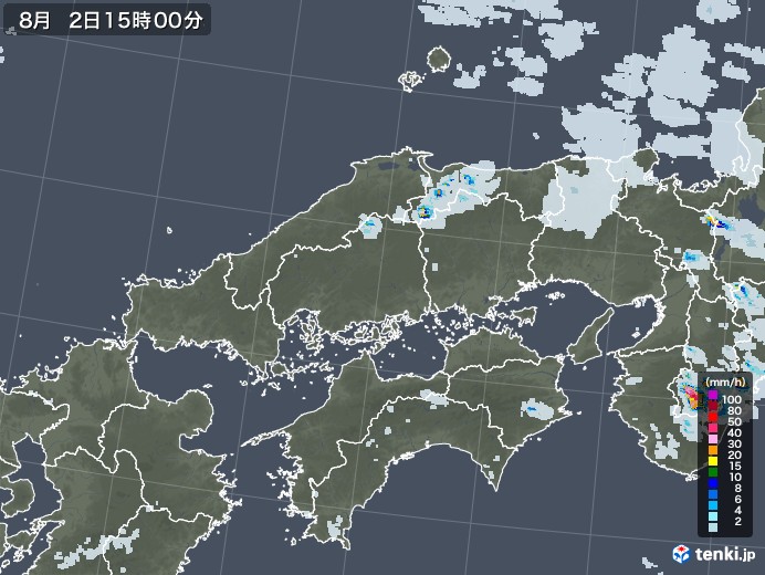 中国地方の雨雲レーダー(2020年08月02日)