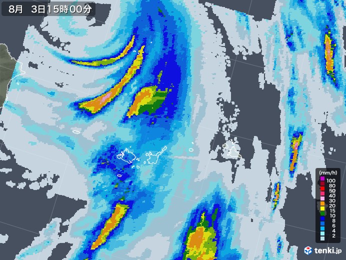 宮古・石垣・与那国(沖縄県)の雨雲レーダー(2020年08月03日)