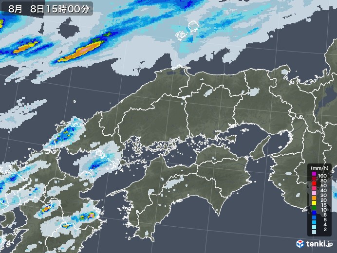 中国地方の雨雲レーダー(2020年08月08日)
