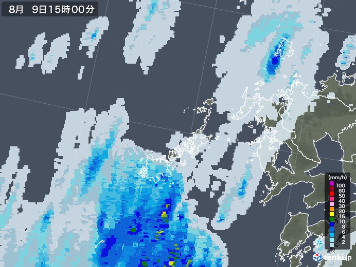 五島列島(長崎県)の雨雲レーダー(2020年08月09日)