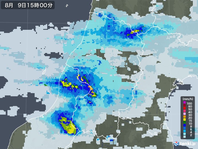 山形県の雨雲レーダー(2020年08月09日)