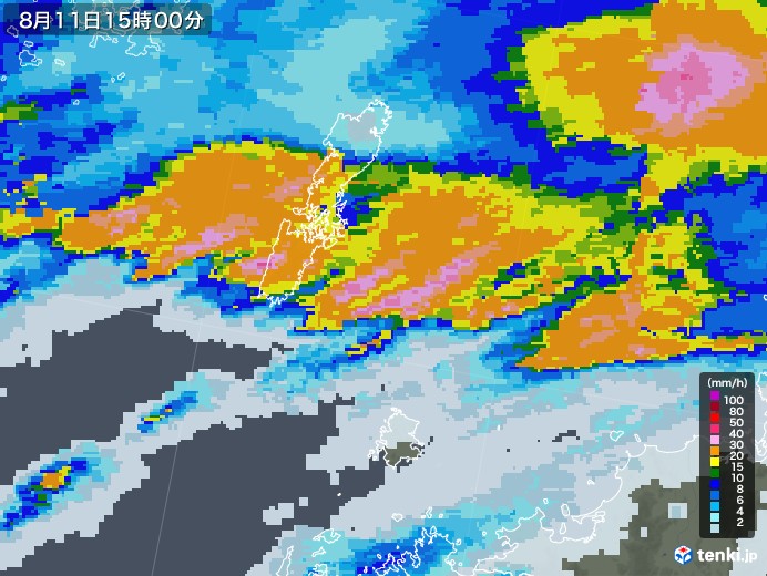 壱岐・対馬(長崎県)の雨雲レーダー(2020年08月11日)