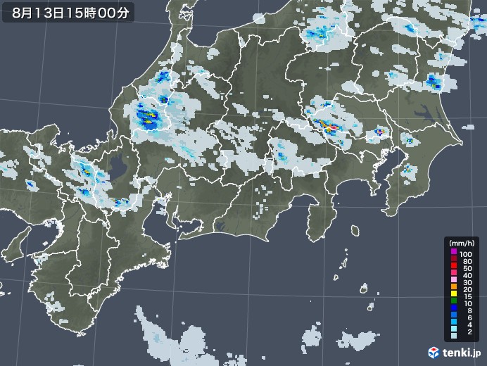 東海地方の雨雲レーダー(2020年08月13日)