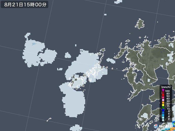 五島列島(長崎県)の雨雲レーダー(2020年08月21日)