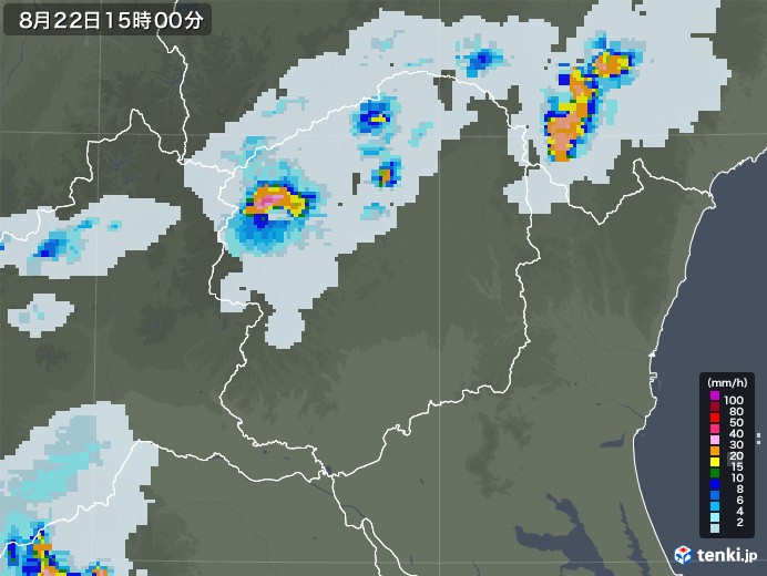 栃木県の雨雲レーダー(2020年08月22日)