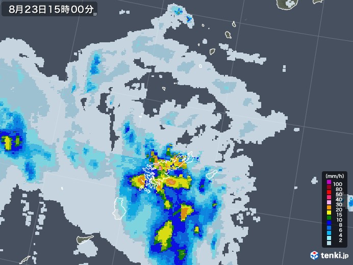 奄美諸島(鹿児島県)の雨雲レーダー(2020年08月23日)