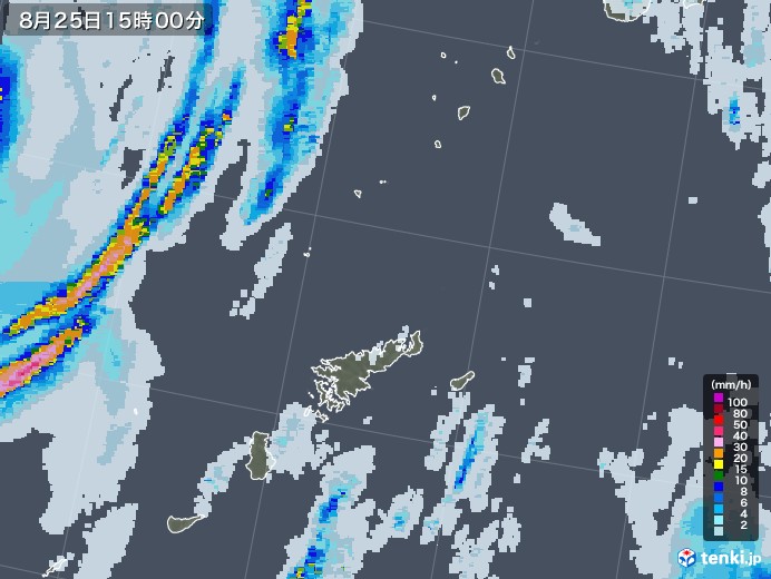 奄美諸島(鹿児島県)の雨雲レーダー(2020年08月25日)