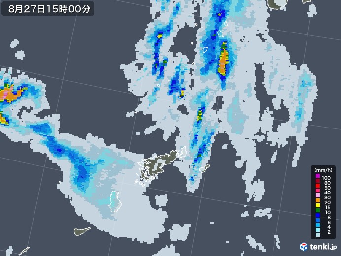 奄美諸島(鹿児島県)の雨雲レーダー(2020年08月27日)