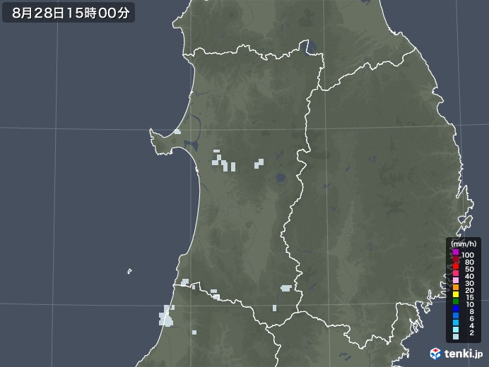 秋田県の雨雲レーダー(2020年08月28日)