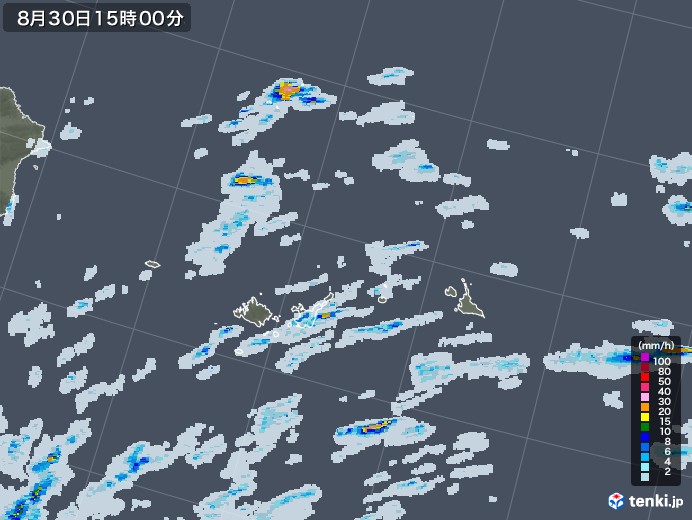 宮古・石垣・与那国(沖縄県)の雨雲レーダー(2020年08月30日)