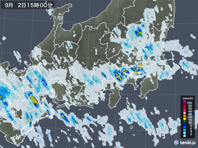 関東・甲信地方の雨雲レーダー(2020年09月02日)