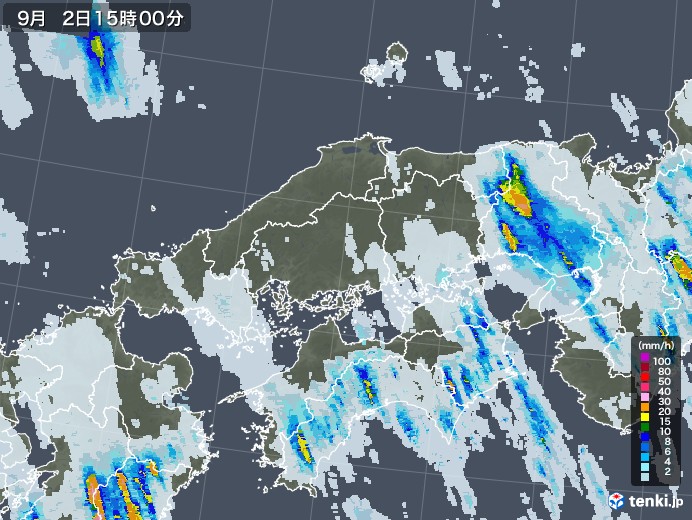 中国地方の雨雲レーダー(2020年09月02日)