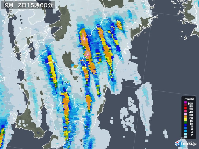 宮崎県の雨雲レーダー(2020年09月02日)