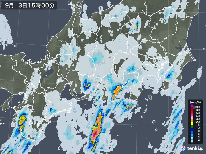 東海地方の雨雲レーダー(2020年09月03日)
