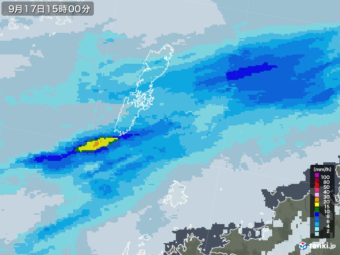 壱岐・対馬(長崎県)の雨雲レーダー(2020年09月17日)