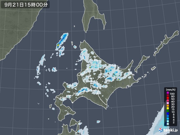北海道地方の雨雲レーダー(2020年09月21日)