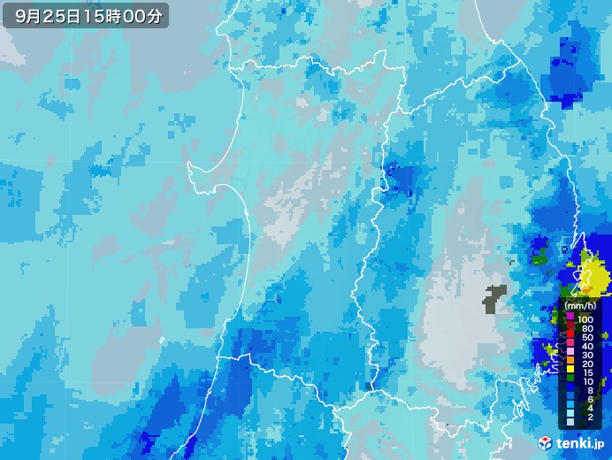 秋田県の雨雲レーダー(2020年09月25日)