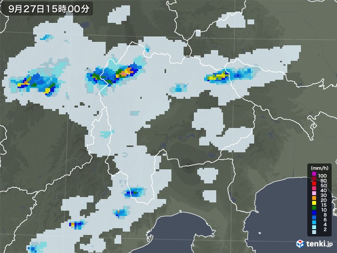 山梨県の雨雲レーダー(2020年09月27日)