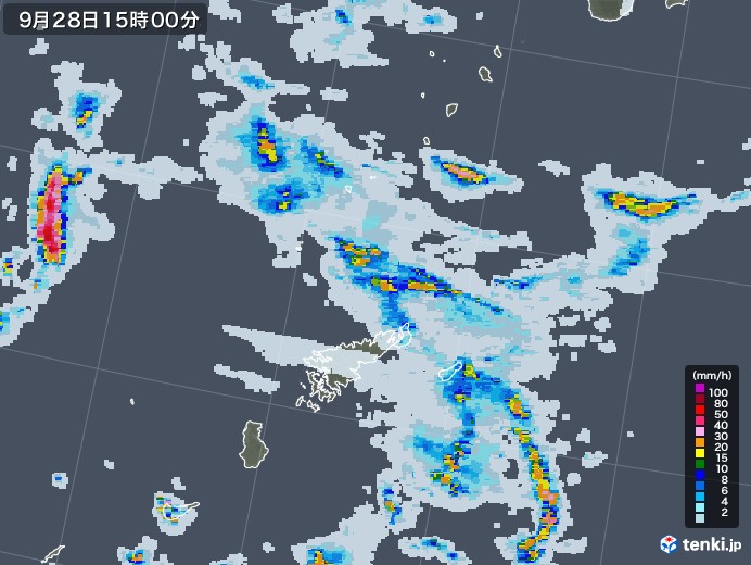 奄美諸島(鹿児島県)の雨雲レーダー(2020年09月28日)