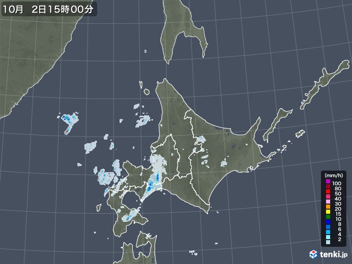 北海道地方の雨雲レーダー(2020年10月02日)