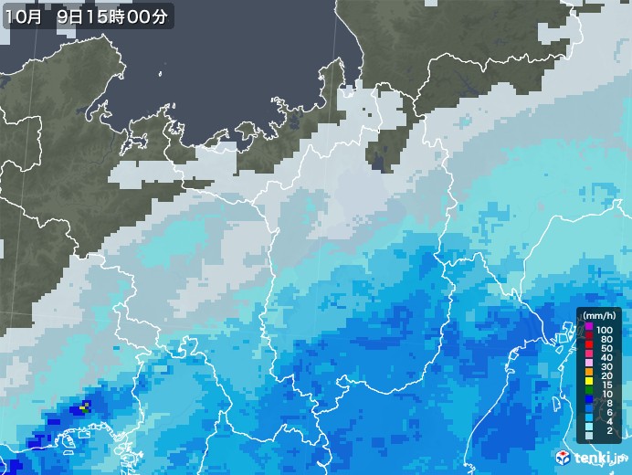 滋賀県の雨雲レーダー(2020年10月09日)