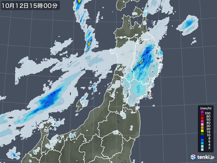 東北地方の雨雲レーダー(2020年10月12日)