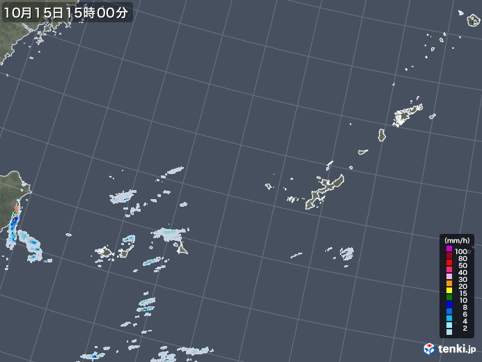 沖縄地方の雨雲レーダー(2020年10月15日)