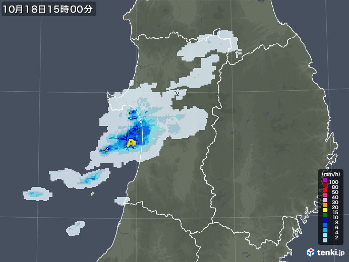 秋田県の雨雲レーダー(2020年10月18日)