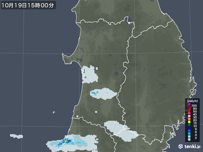 秋田県の雨雲レーダー(2020年10月19日)