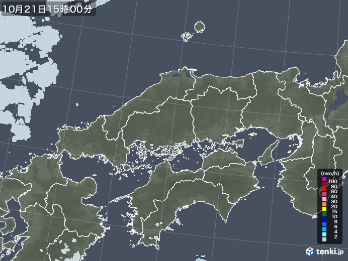 中国地方の雨雲レーダー(2020年10月21日)