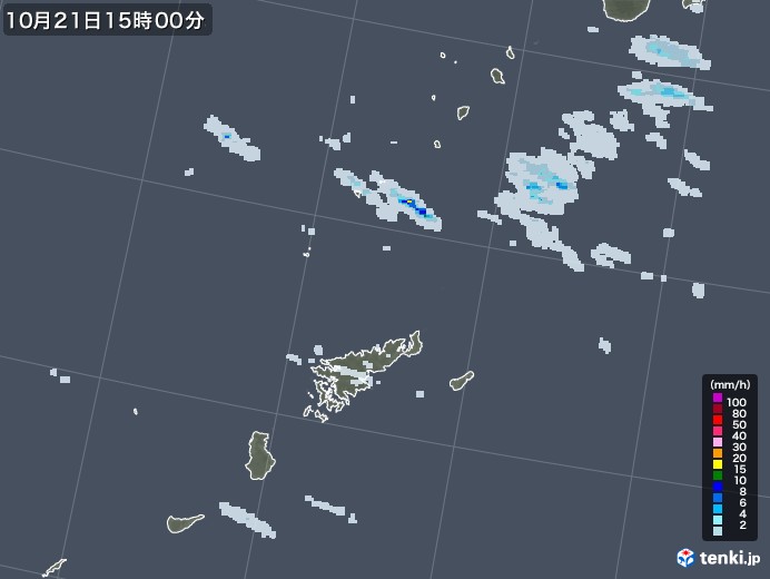 奄美諸島(鹿児島県)の雨雲レーダー(2020年10月21日)