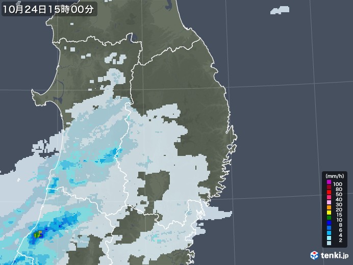 岩手県の雨雲レーダー(2020年10月24日)