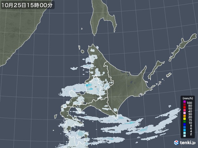北海道地方の雨雲レーダー(2020年10月25日)
