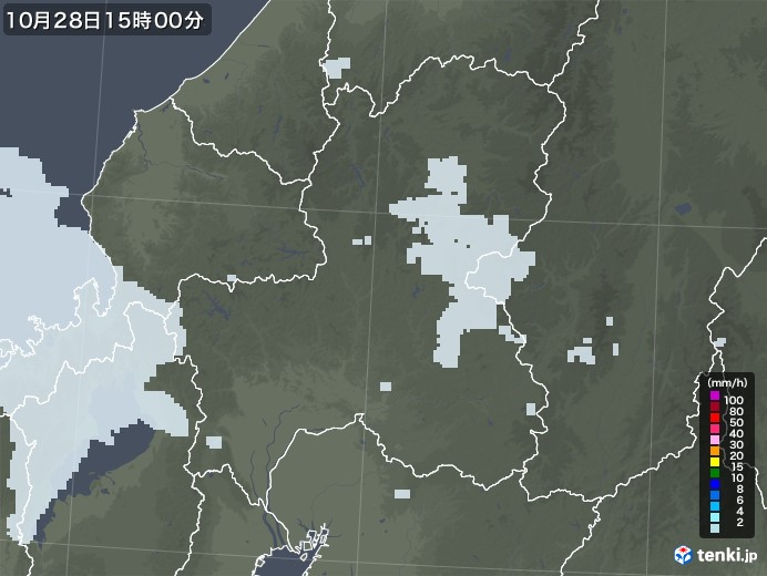 岐阜県の雨雲レーダー(2020年10月28日)