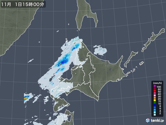 北海道地方の雨雲レーダー(2020年11月01日)