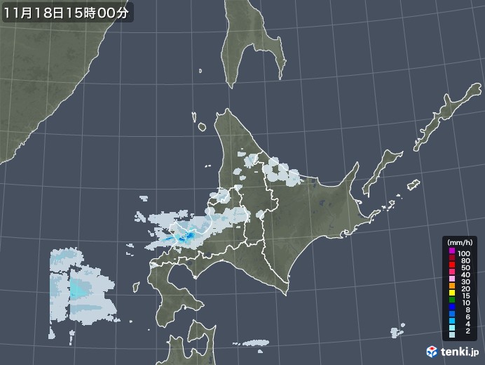 北海道地方の雨雲レーダー(2020年11月18日)