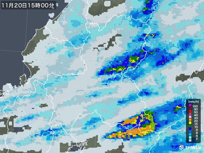 岐阜県の雨雲レーダー(2020年11月20日)