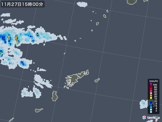 奄美諸島(鹿児島県)の雨雲レーダー(2020年11月27日)