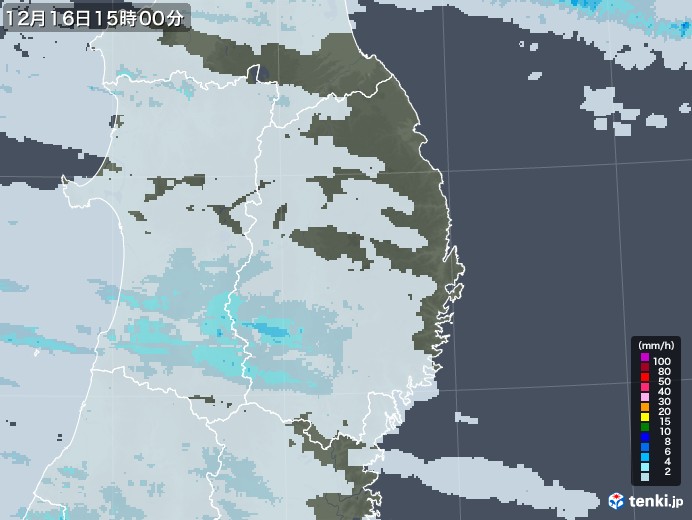 岩手県の雨雲レーダー(2020年12月16日)