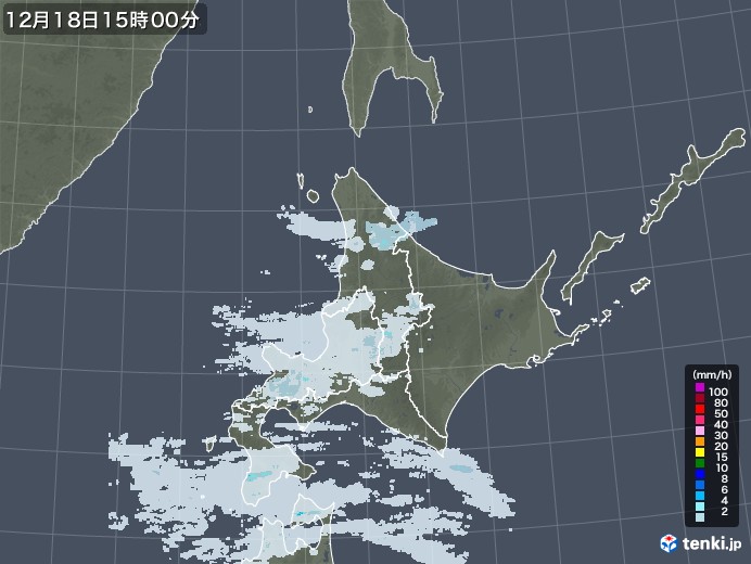 北海道地方の雨雲レーダー(2020年12月18日)