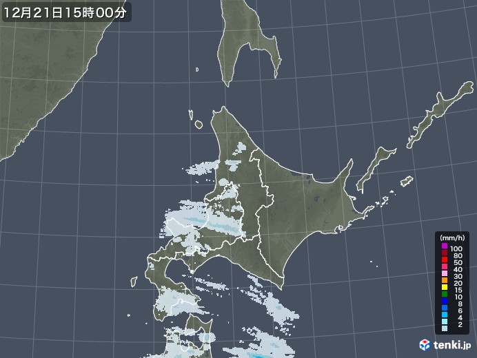 北海道地方の雨雲レーダー(2020年12月21日)