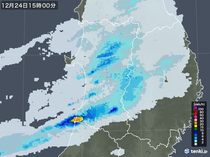 秋田県の雨雲レーダー(2020年12月24日)
